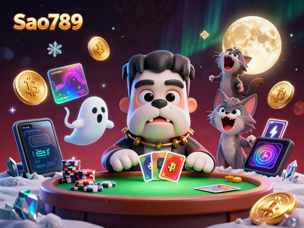 Sao789 features a vibrant scene with a monster bulldog dealer and ghost mouse in a spooky casino.
