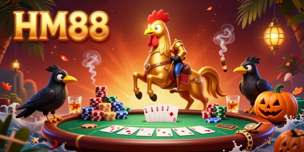 Experience high-stakes gambling with HM88 in a vibrant midnight casino featuring a golden rooster and colorful poker elements.