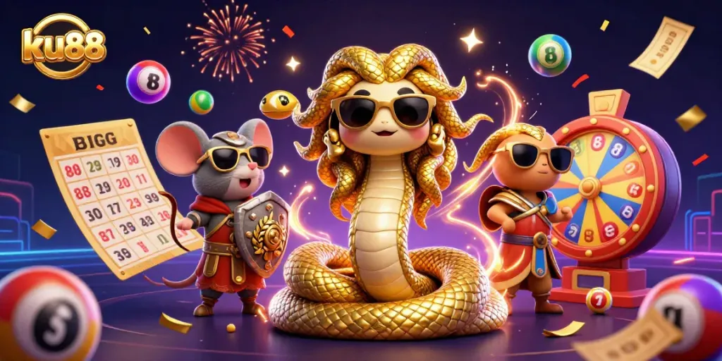 Engage with ku88's vibrant gaming world featuring playful characters, lottery balls, and winning elements.