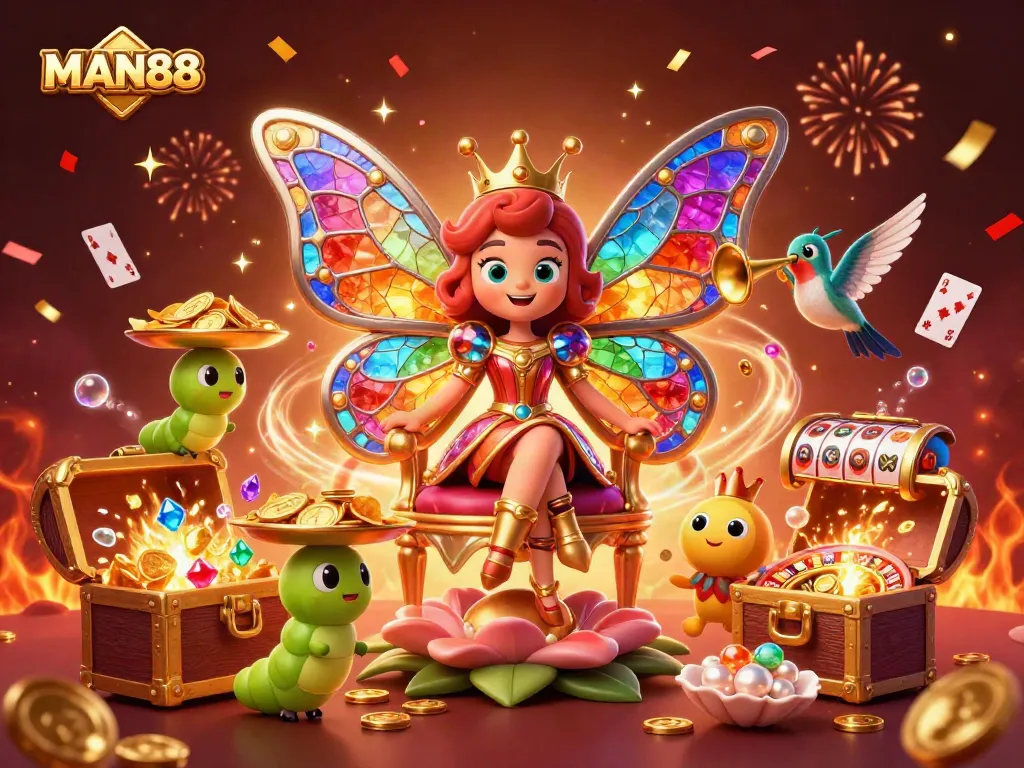 Experience thrilling gameplay at MAN88 with vibrant 3D characters in a colorful casino landscape.