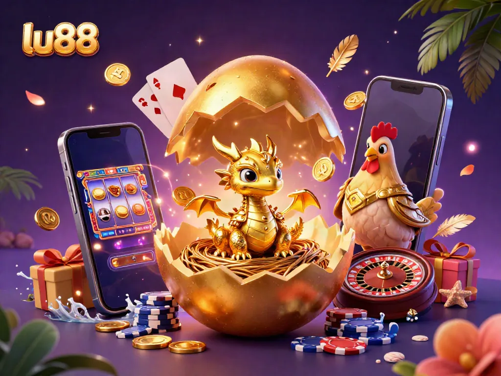 Experience exciting gaming adventures at LU88 with a baby dragon, golden treasures, and vibrant casino elements.