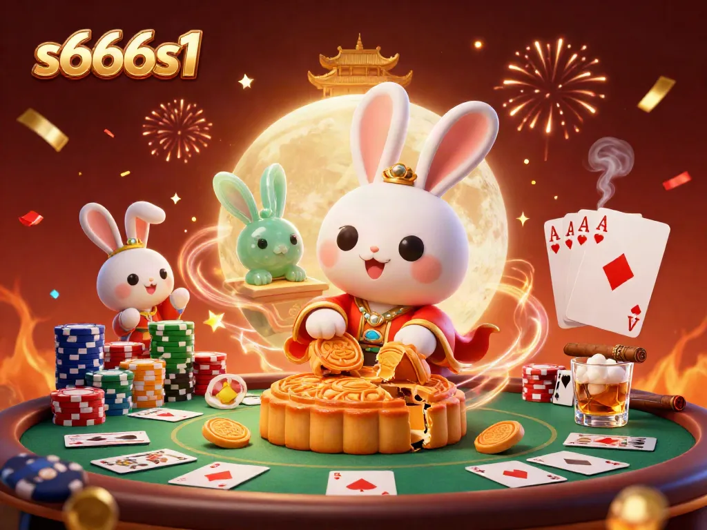 Experience thrilling casino excitement with s666s1 as playful moon rabbits reveal poker chips in a vibrant setting.