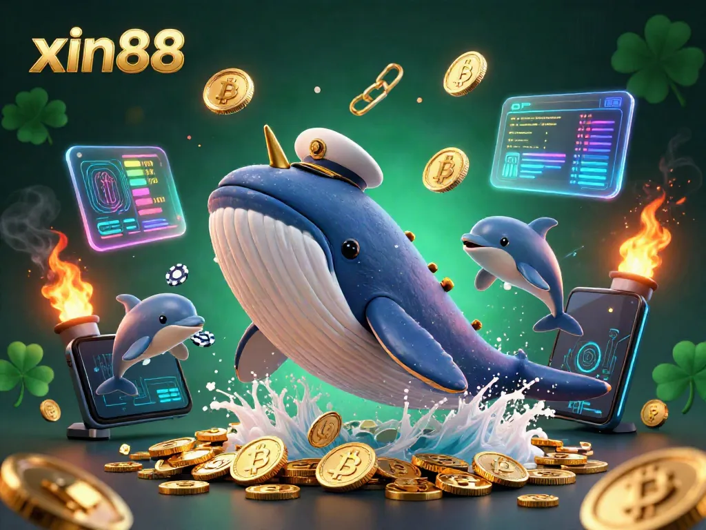 Experience thrilling gameplay with xin88, featuring a whimsical whale and dolphins amidst coins and crypto elements.