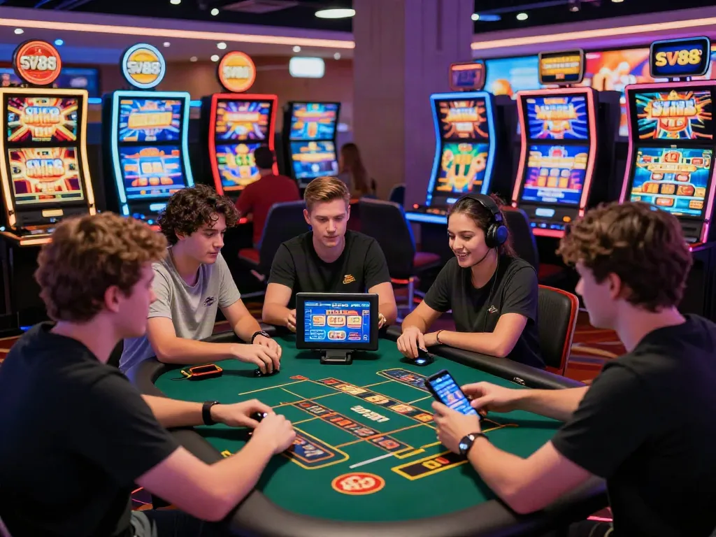 Exciting SV88 gaming scene with diverse players engaging at live dealer tables.