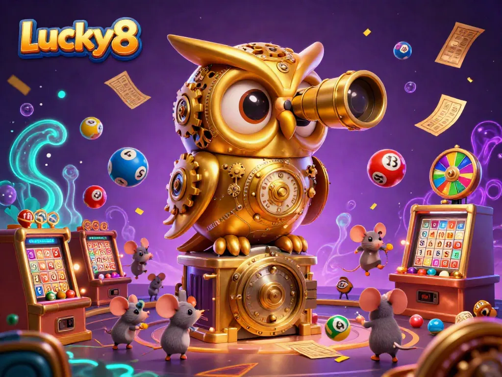 Engage with Lucky8's vibrant casino scene featuring a golden owl, dynamic lottery balls, and a prize wheel.