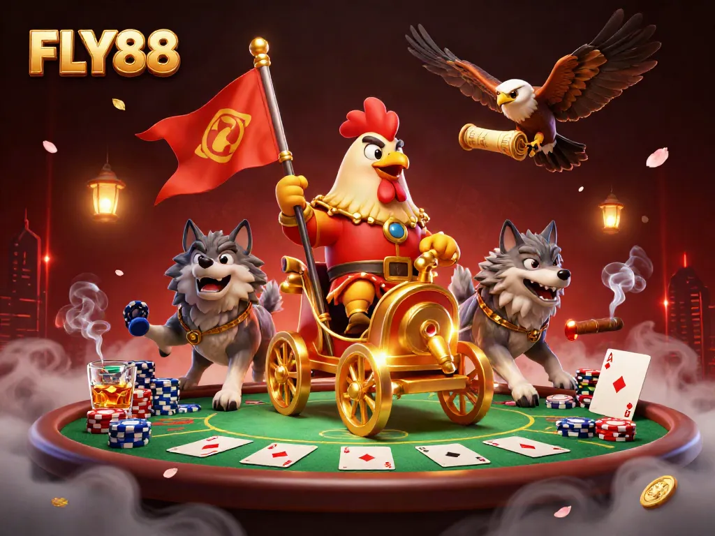 FLY88 elevates gaming with vibrant characters amidst poker excitement, showcasing casino atmosphere.