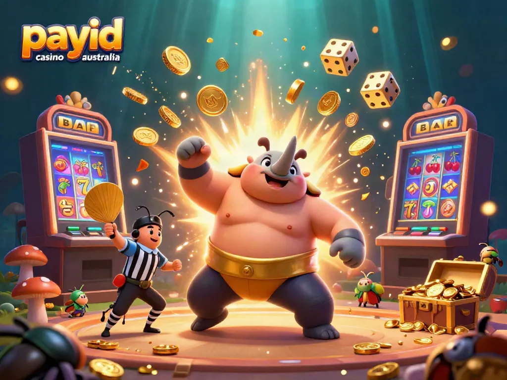 Experience the excitement of payid casino australia with a vibrant 3D cheer scene featuring a sumo champion and slot machines.