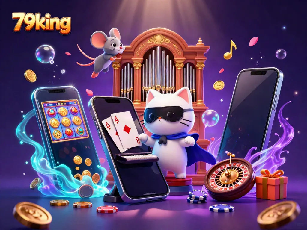 Experience gaming excitement with 79king featuring a whimsical cat, acrobat, and jackpot elements.