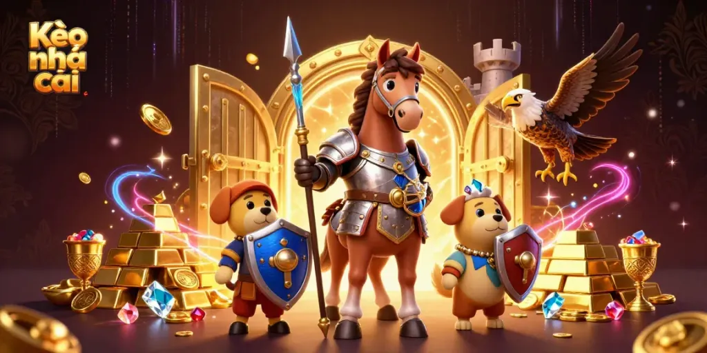 Engaging scene representing Kèo nhà cái with a knight, puppy, and falcon among treasure and gems.