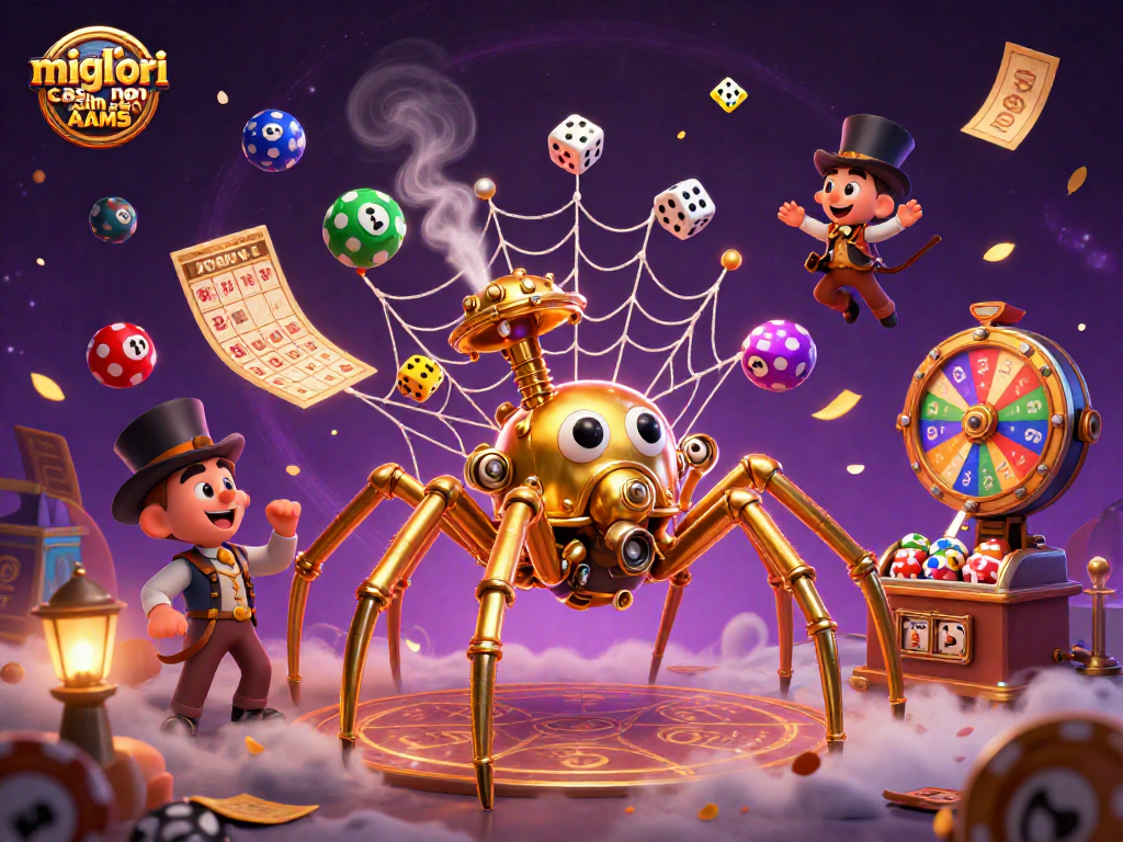 Visualizza i migliori casino non AAMS con un ragno steampunk e palline colorate che danzano.