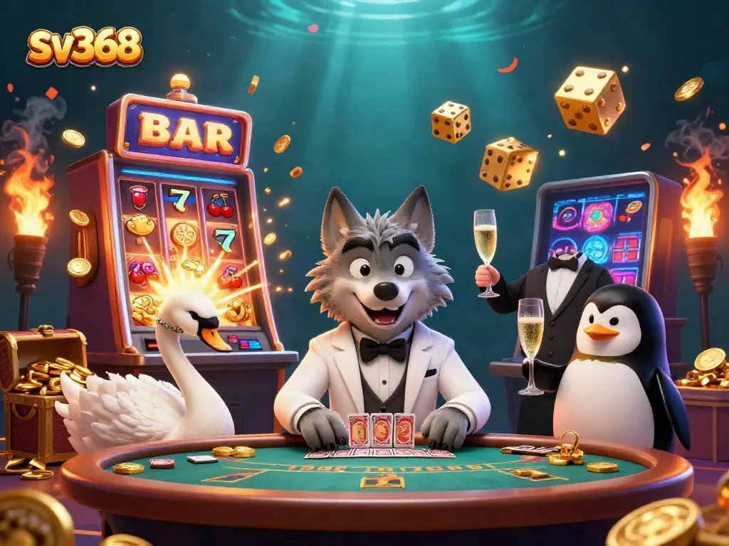 Experience sv368 casino excitement with a lively scene featuring cartoon characters at a baccarat table amidst winning jackpots and rich visuals.