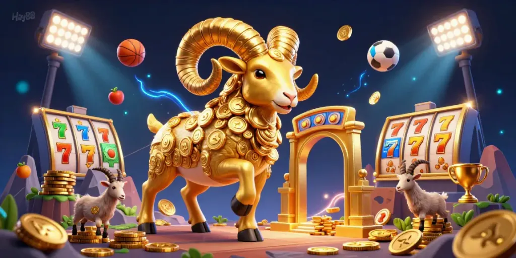 Experience thrilling gaming at Hay88 with dynamic 3D casino action featuring vibrant slot reels and golden elements.