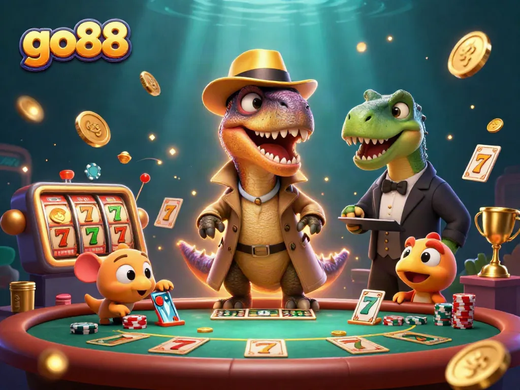 Engage in go88 slots excitement with a cartoon velociraptor at a vibrant casino scene.