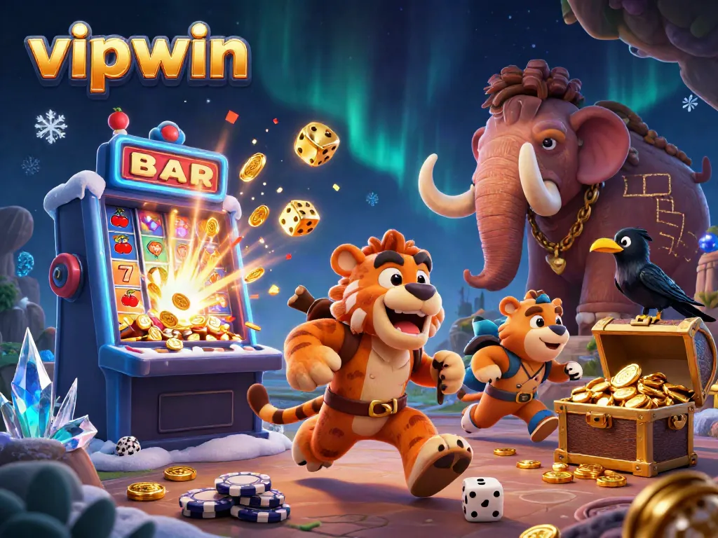 Experience the thrill of vipwin with a playful caveman, sabertooth tiger, and crow in a lively prehistoric casino