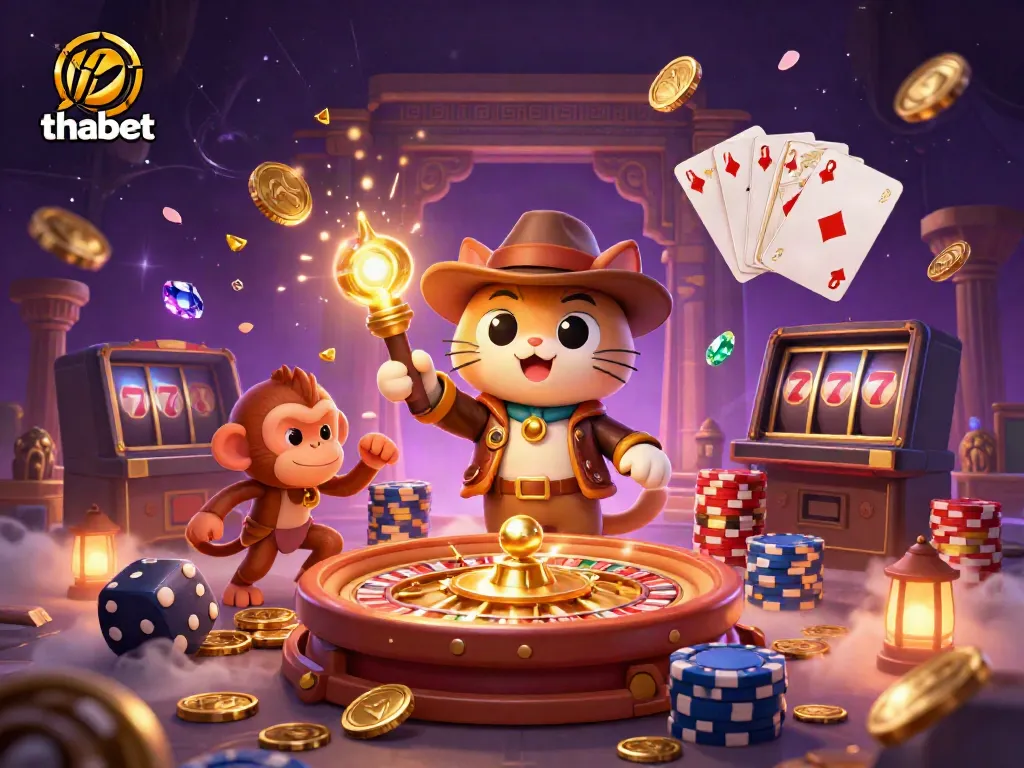 Engage with thabet as you explore dynamic casino treasures in a vibrant 3D illustration.