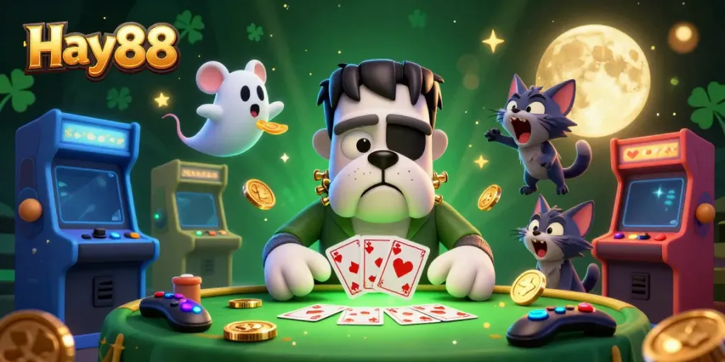 Engage with Hay88's thrilling gaming scene featuring a Frankenstein bulldog dealing cards amid lively gambling elements.