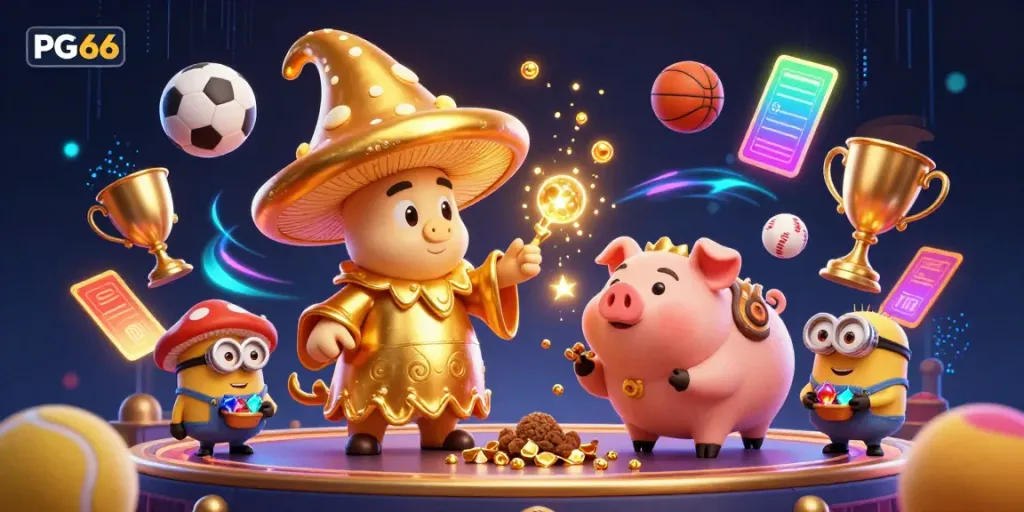 Experience thrilling gaming at PG66 with an enchanting golden mushroom wizard and dynamic casino elements.