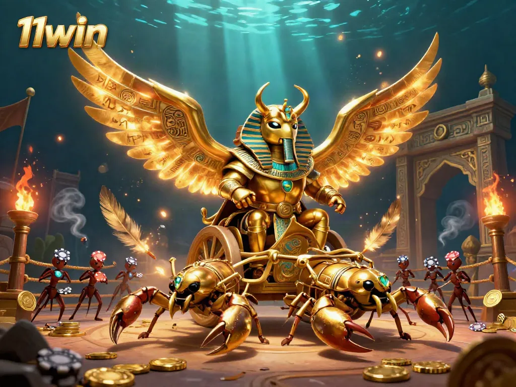 Experience the excitement of 11win with a golden scarab beetle and vibrant casino elements.