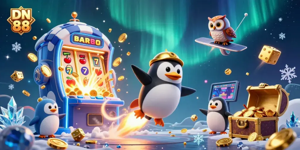 Experience the excitement of DN 88 with a golden penguin soaring towards a vibrant casino in this vibrant 3D illustration.