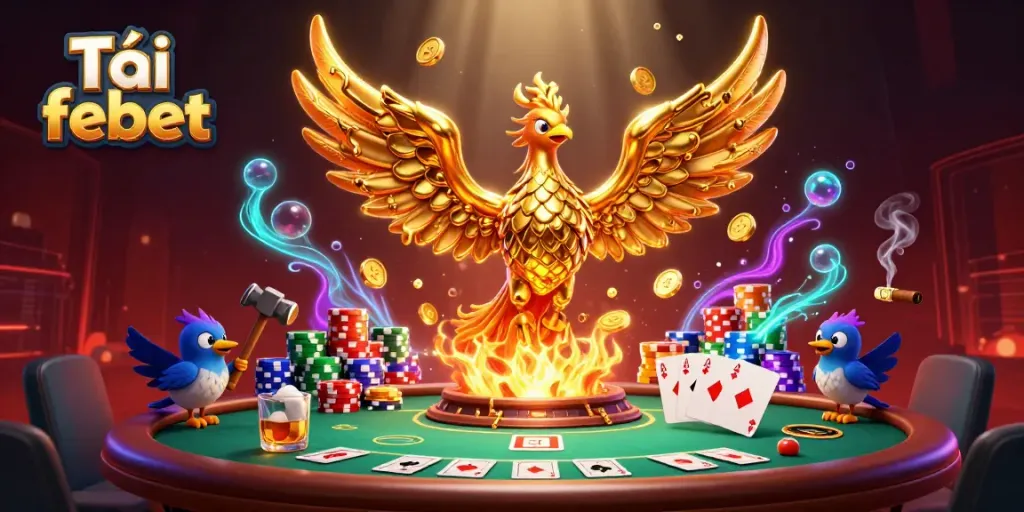Join the excitement of Tải febet as a golden phoenix rises amidst a vibrant poker scene with coins and chips.