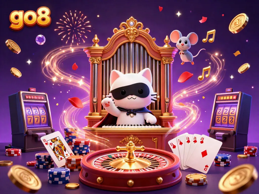 Experience thrilling moments at the go8 casino with a 3D animated scene featuring games, acrobatics, and gold!