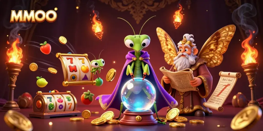 Engage with MMOO's enchanting realm featuring vibrant slot reels, fruit symbols, and charismatic fortune tellers.