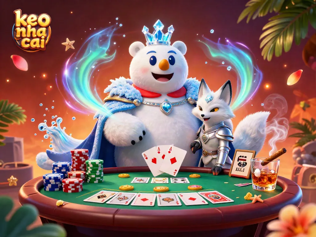 Engage with keo nha cai in a vibrant sports betting scene featuring an ice king bear and snow fox among poker chips and cards.