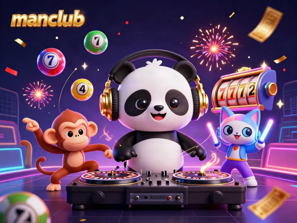 Experience the excitement of manclub through a vibrant 3D casino scene featuring dynamic characters and thrilling slot elements.