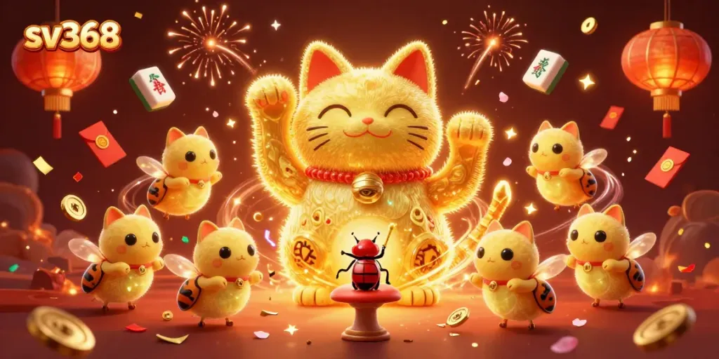 Experience the excitement of sv368 with a dynamic scene featuring a giant lucky cat and vibrant casino elements.