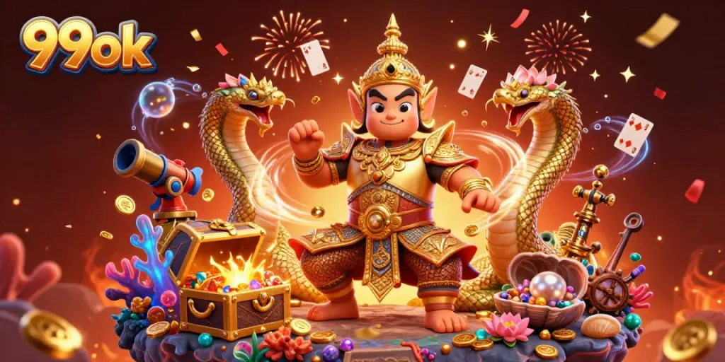 Experience the vibrant energy of 99ok with dynamic characters from a 3D casino-inspired illustration.