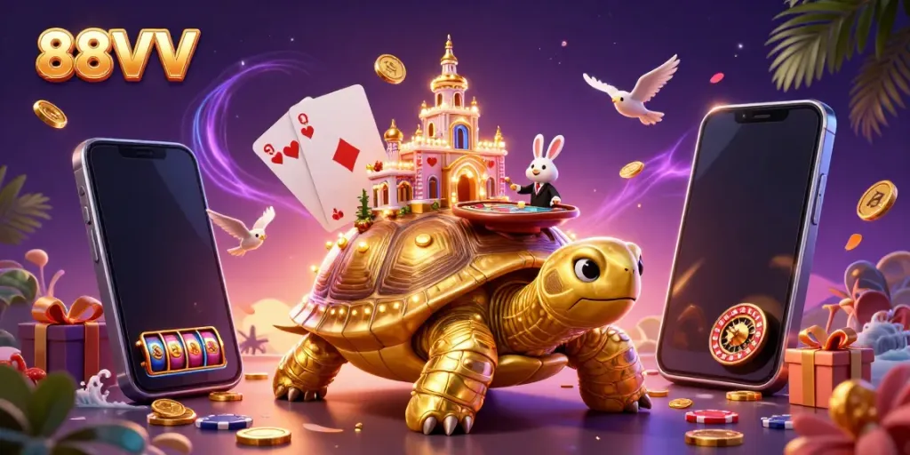 Engage with thrilling games at 88VV as a rabbit dealer showcases card games on a golden tortoise.