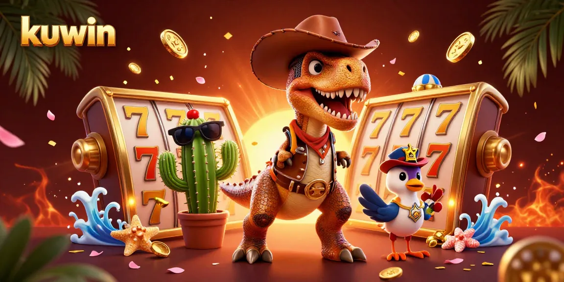 Kuwin slots come alive with a vibrant, action-packed scene featuring energetic 3D characters and iconic gaming elements.
