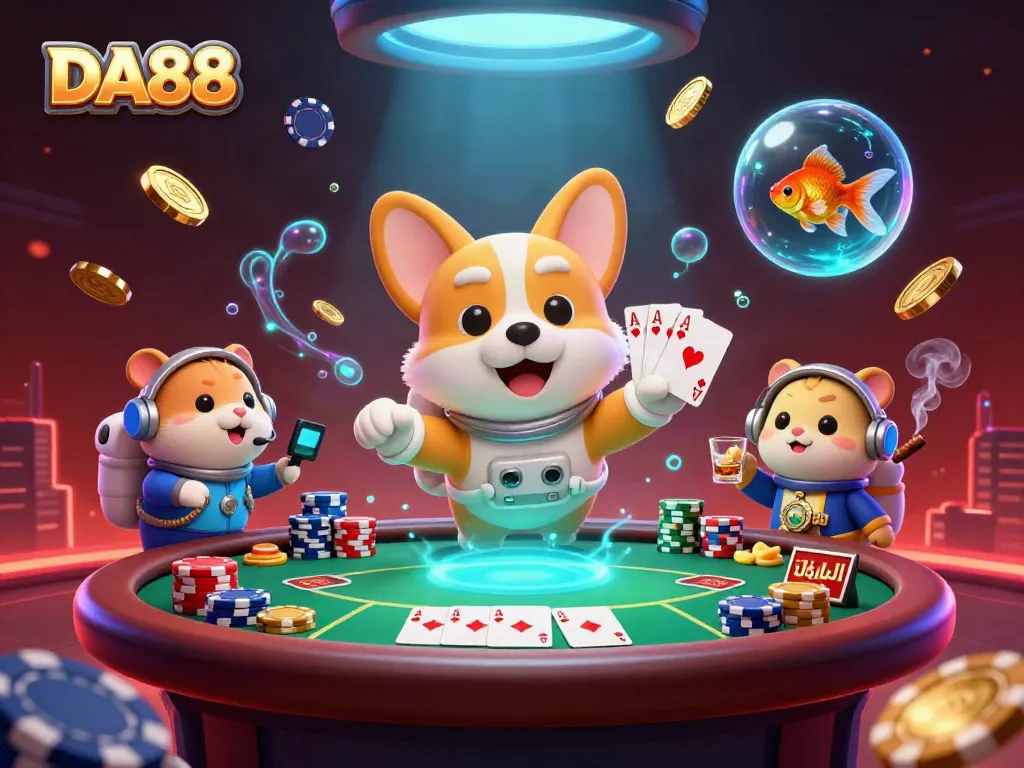 Experience the excitement of DA88 with vibrant gambling scenes featuring an astronaut corgi in a casino
