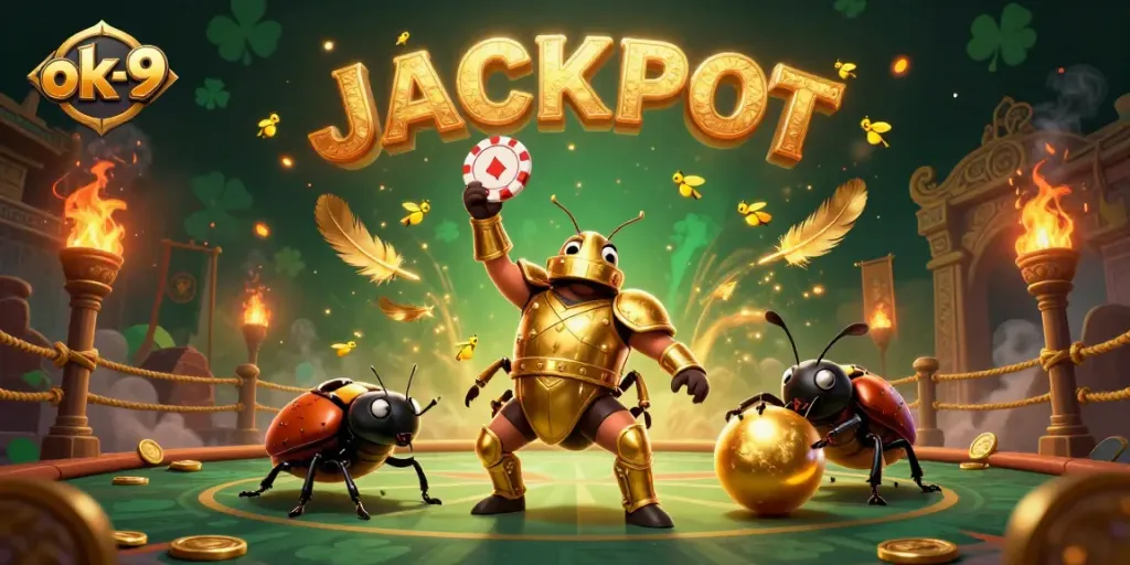 The ok-9 beetles celebrate a big win as they lift poker chips in a cheering casino atmosphere.