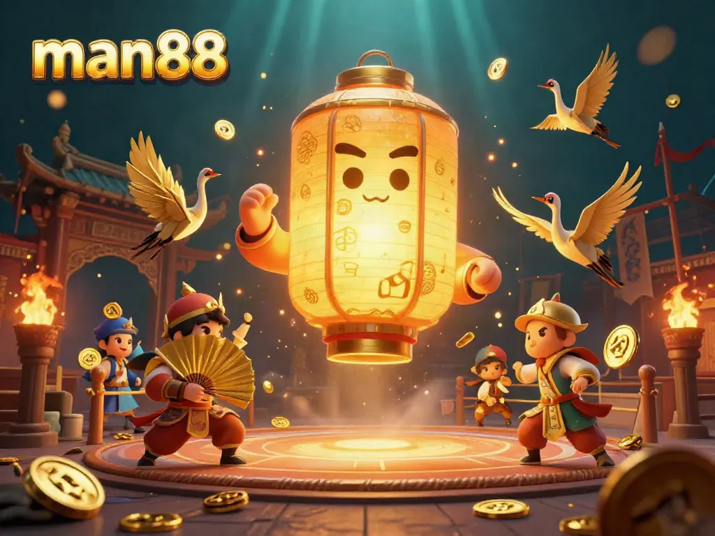 Experience the thrilling ambiance of man88 with vibrant characters, games, and casino elements.
