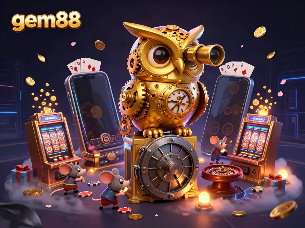Experience gem88's exhilarating casino atmosphere with a golden owl overseeing vibrant games and patrons.