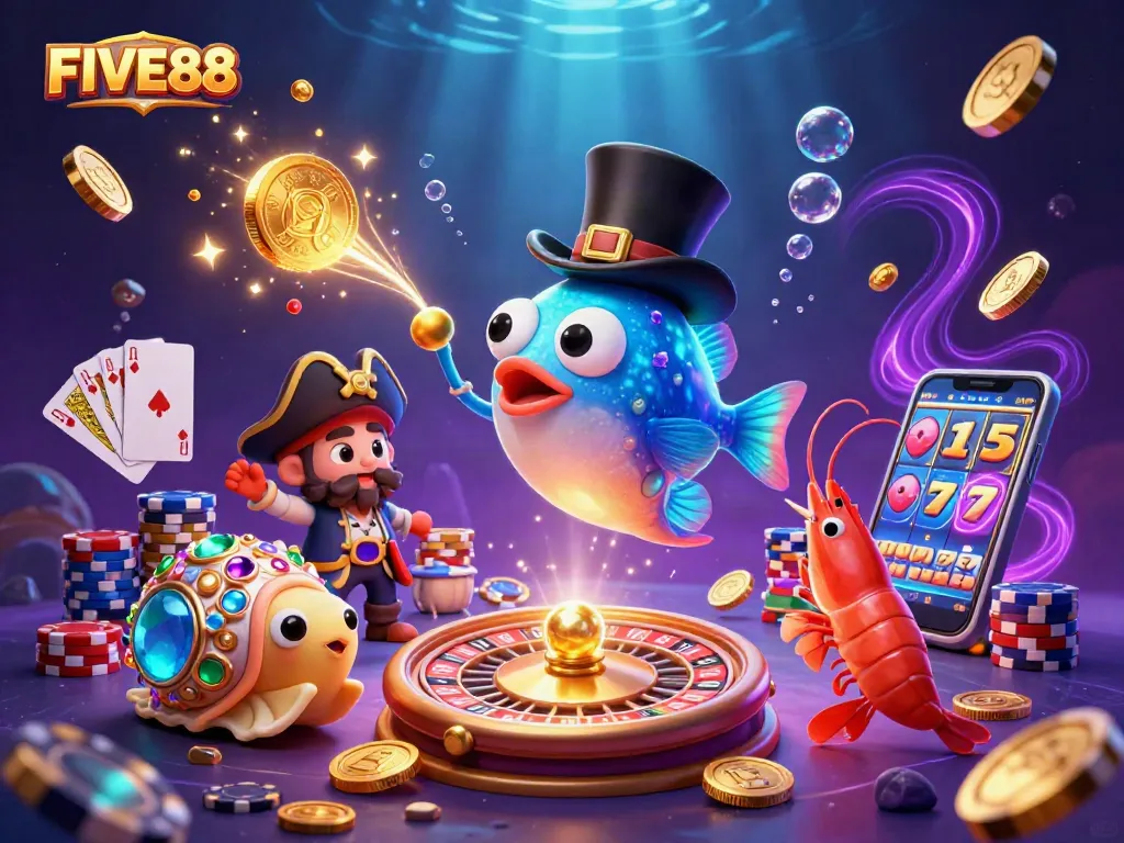 Engage in the underwater world of FIVE88 with a vibrant scene of casino fun and excitement.