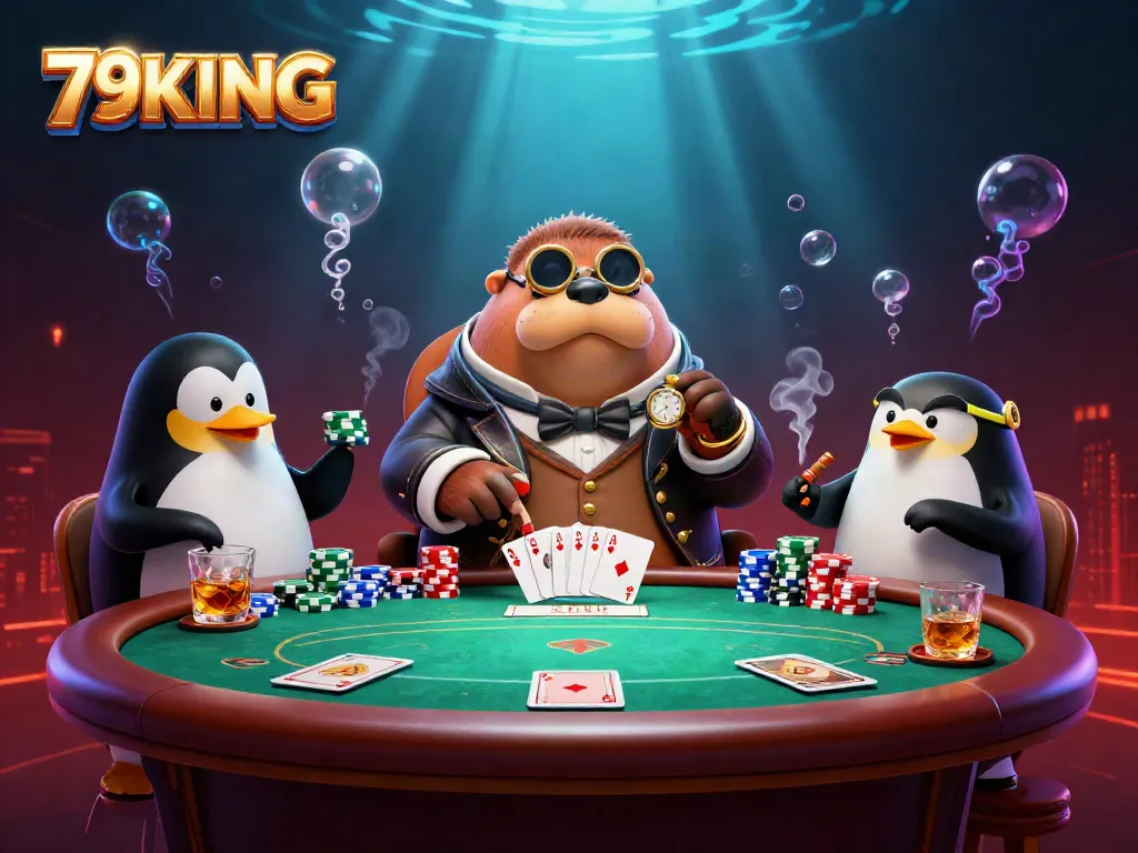 Play poker with 79KING's charming characters at an underwater casino table, showcasing winning cards.