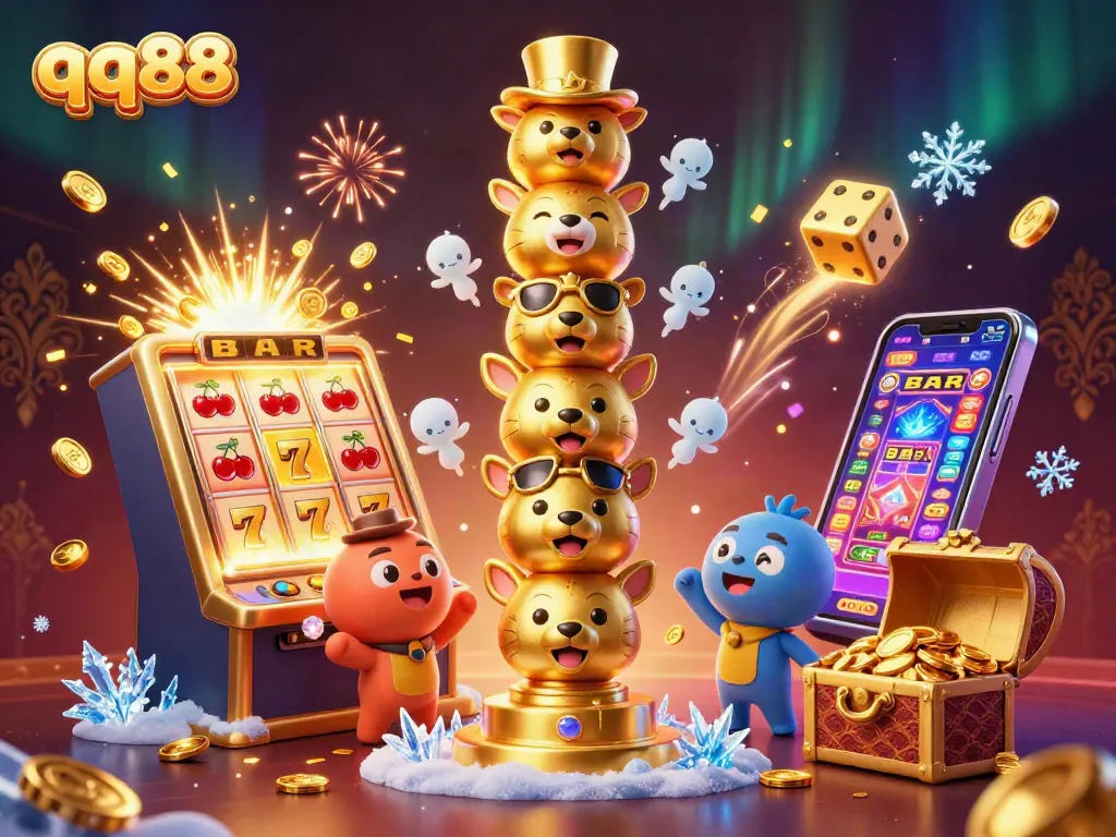 Spin the reels of qq88's vibrant casino scene filled with animated totem characters and jackpot excitement.
