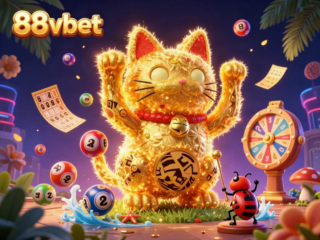 Experience the engaging atmosphere of 88vbet with a vibrant lucky cat and casino elements in this rich illustration.