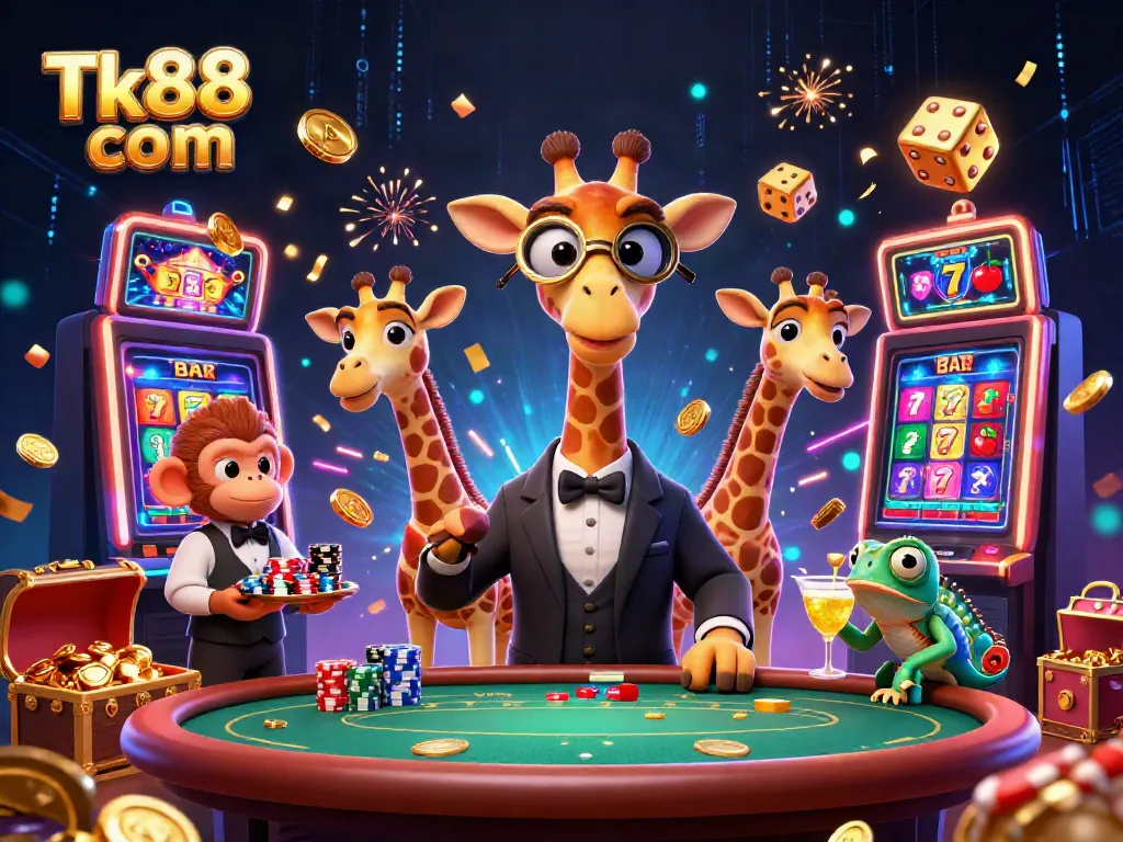 Win big with Tk88 com at the vibrant casino scene featuring animated characters and jackpot explosion.