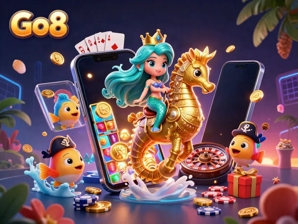 Engage with the Go8 scene of a mermaid princess riding a seahorse in a vibrant casino environment.