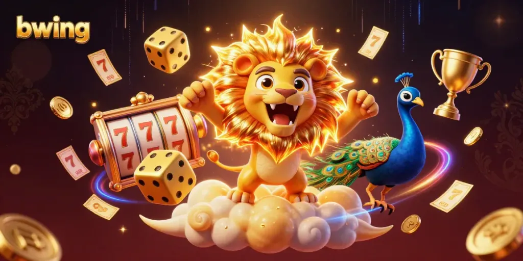 Bwing game experience featuring a dazzling sun lion and golden slot elements celebrating casino excitement.