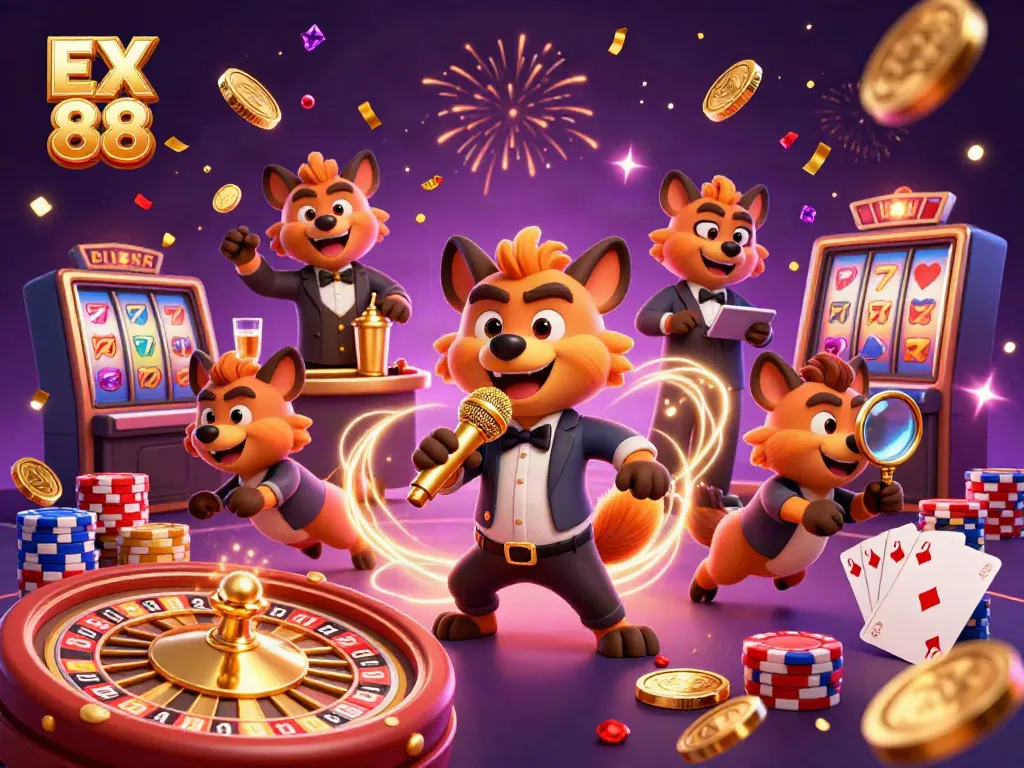 Experience the excitement of EX 88 in a vibrant casino scene with dynamic hyena characters.