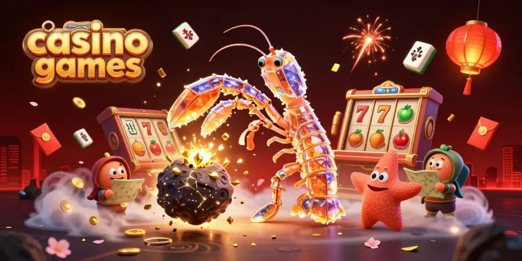 Engage in thrilling casino games with vibrant 3D characters against a captivating backdrop of exploding gems.