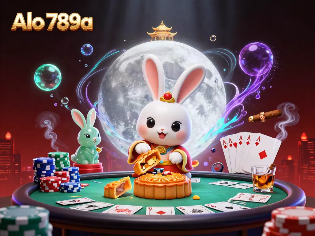 Alo 789a showcases an energetic scene with a moon rabbit and poker elements, symbolizing online gambling.