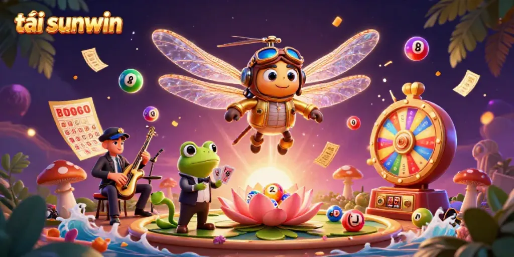 Engage with the vibrant scene of tải sunwin, featuring a dragonfly pilot and frog croupier in a lively casino atmosphere.
