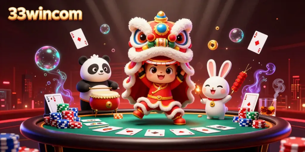 Experience unique gameplay at 33wincom with lively characters amidst casino elements and festive decorations.