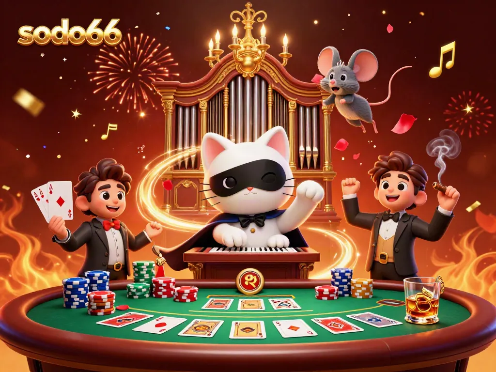 Experience thrilling gameplay at sodo66 with a whimsical casino-themed 3D scene featuring iconic casino elements.