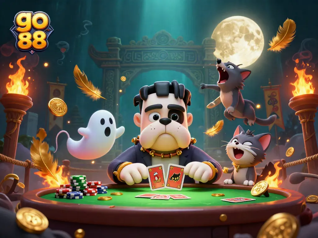 go 88's colorful casino scene with a Frankenstein bulldog and ghost mouse amidst golden elements and dramatic lighting.
